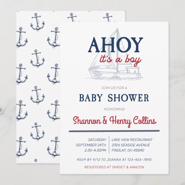 Invitación Ahoy es un Baby Shower de Boy Nautical (Anverso / Reverso)