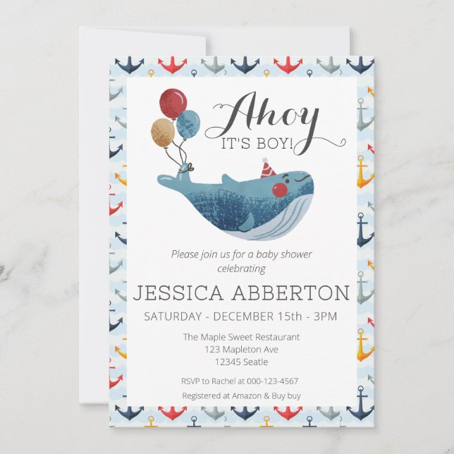 Invitación Ahoy, es un Baby Shower de Boy Nautical (Anverso)