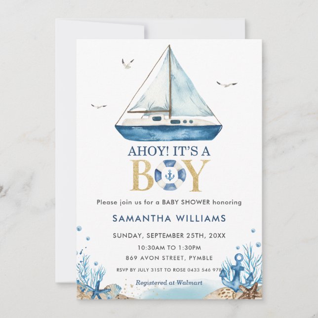 Invitación Ahoy es un Baby Shower de boy Nautical Blue Boat (Anverso)