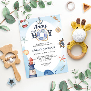 Invitación Ahoy es un Baby Shower de chico náutico