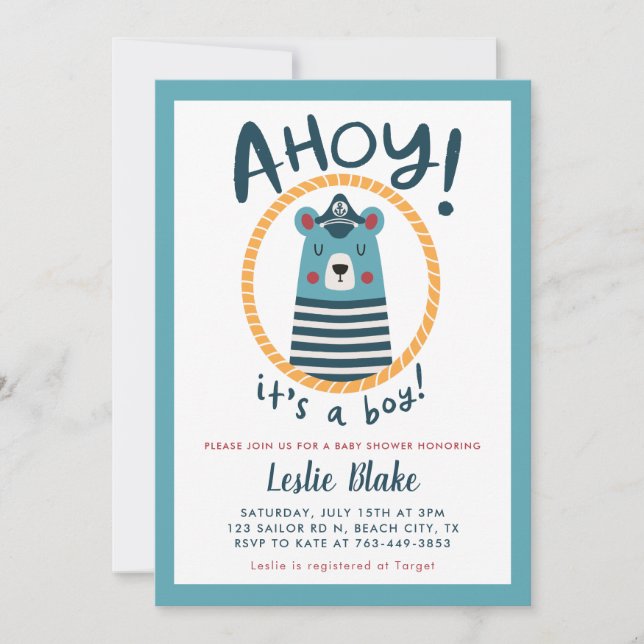 Invitación Ahoy es un Baby Shower de niño marinero (Anverso)