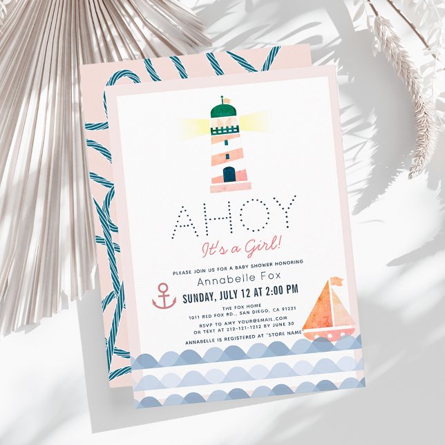 Invitación Ahoy es un Chica Chica rosa náutico Baby Shower (Subido por el creador)