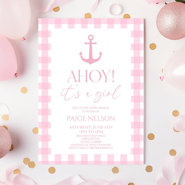 Invitación Ahoy es un Chica elegante Baby Shower Náutico Rosa (Subido por el creador)