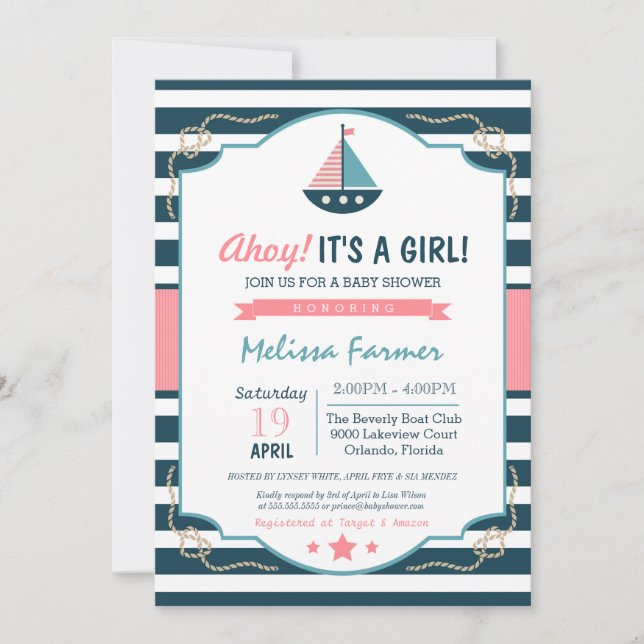 Invitación ¡Ahoy es un Chica! Náutica y Baby Shower rosado (Anverso)