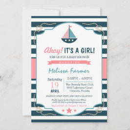 Invitación ¡Ahoy es un Chica! Náutica y Baby Shower rosado