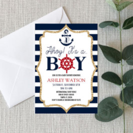 Invitación ¡Ahoy es un chico! Baby Shower azul de la Marina N