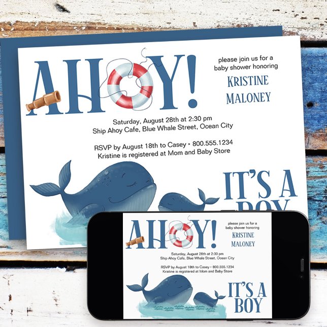 Invitación Ahoy es un chico feliz Whale Boy Baby Shower (Nautical Baby Shower Invitation from my Happy Whale collection. Message if you need different items
)