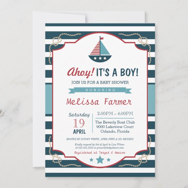 Invitación Ahoy es un chico nautical Baby Shower (Anverso)