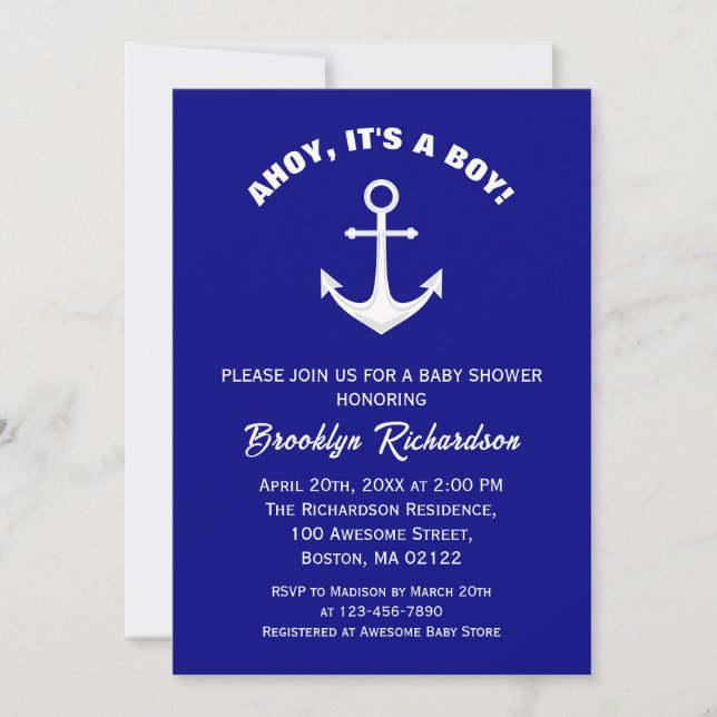 Invitación Ahoy Es Un Chico Navy Anclaje Blanco Azul Baby Sho (Anverso)