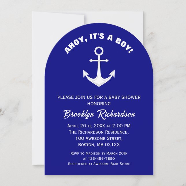 Invitación Ahoy Es Un Chico Navy Anclaje Blanco Azul Baby Sho (Anverso)
