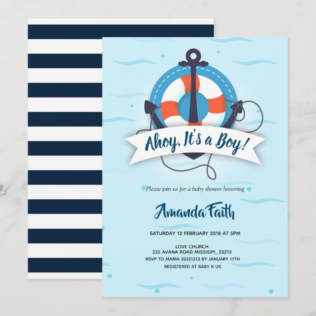 Invitación Ahoy es un chico presentador de Baby Shower náutic (Anverso / Reverso)
