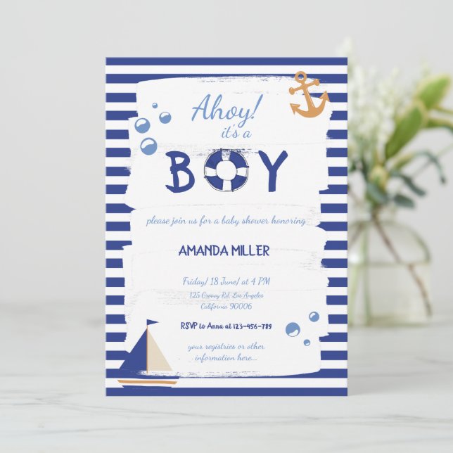 Invitación ¡Ahoy es un chico! Sailor Marine Blue Baby Shower (Anverso de pie)