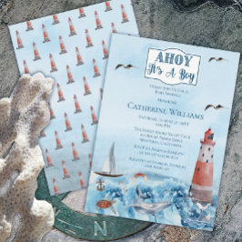 Invitación Ahoy es un faro de niño que roció bebé en el océan