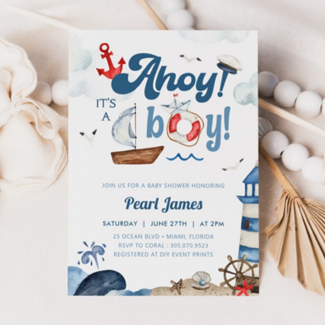 Invitación Ahoy es un joven Baby Shower azul y rojo (Subido por el creador)
