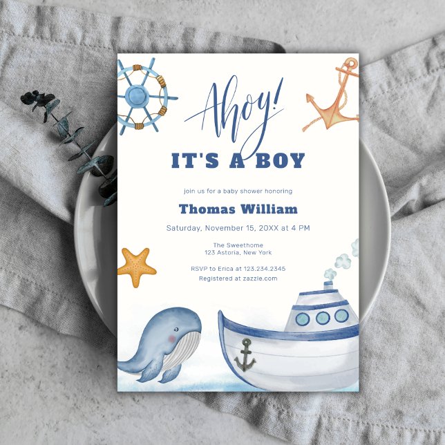Invitación Ahoy es un joven barco de vela Baby Shower (Ahoy It's A Boy Whale Sailboat Baby Shower Invitation)