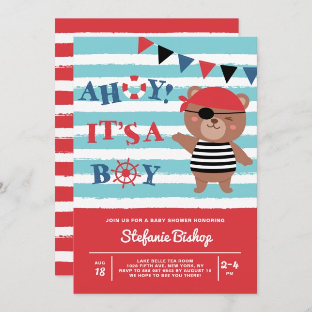 Invitación Ahoy es un joven pirata oso Baby Shower (Anverso / Reverso)