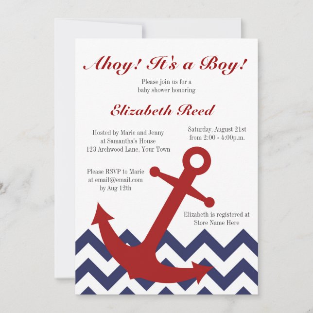 Invitación ¡Ahoy! ¡Es un muchacho! Tema náutico Baby Shower (Anverso)