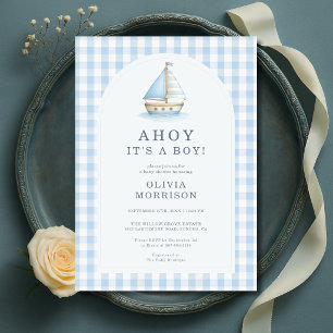 Invitación Ahoy es un niño azul Baby Shower de cuadros