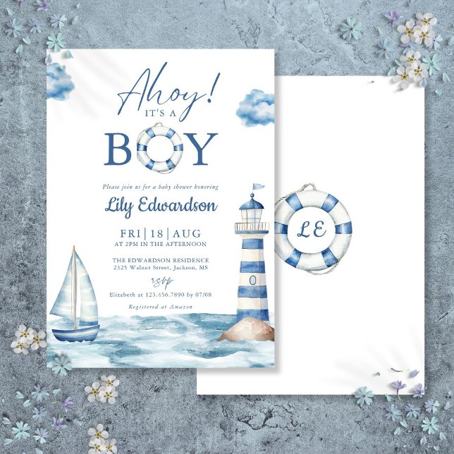 Invitación Ahoy es un niño azul Fiesta de Baby Shower Náutica (Ahoy Its A Boy Blue Nautical Baby Shower Invitation)