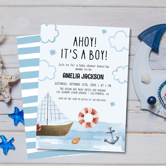 Invitación Ahoy es un niño azul Sailboat baby ducha (Subido por el creador)