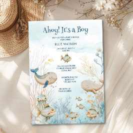 Invitación Ahoy es un niño Baby Shower de ballena de coral az