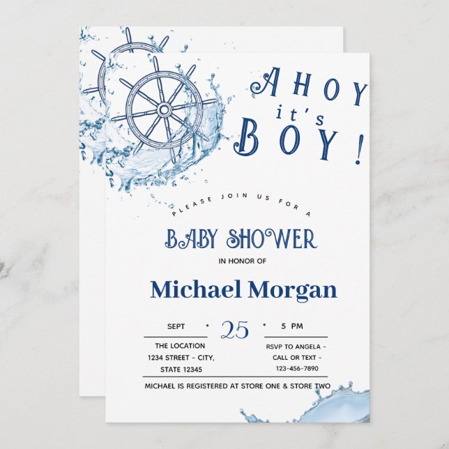 Invitación Ahoy es un niño, Baby Shower de ruedas náuticas (Anverso / Reverso)