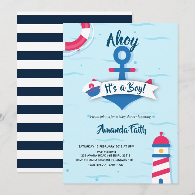 Invitación Ahoy es un niño Baby Shower náutico (Anverso / Reverso)