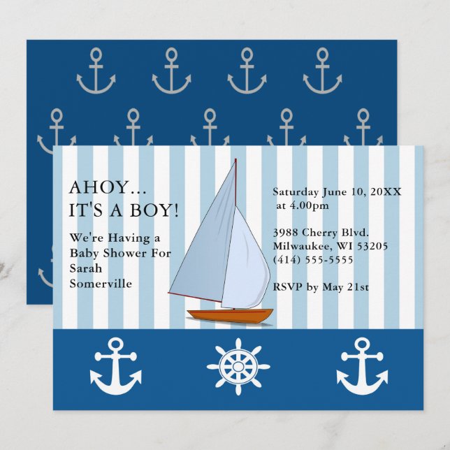Invitación Ahoy es un niño Baby Shower navegando por Sepia Bl (Anverso / Reverso)