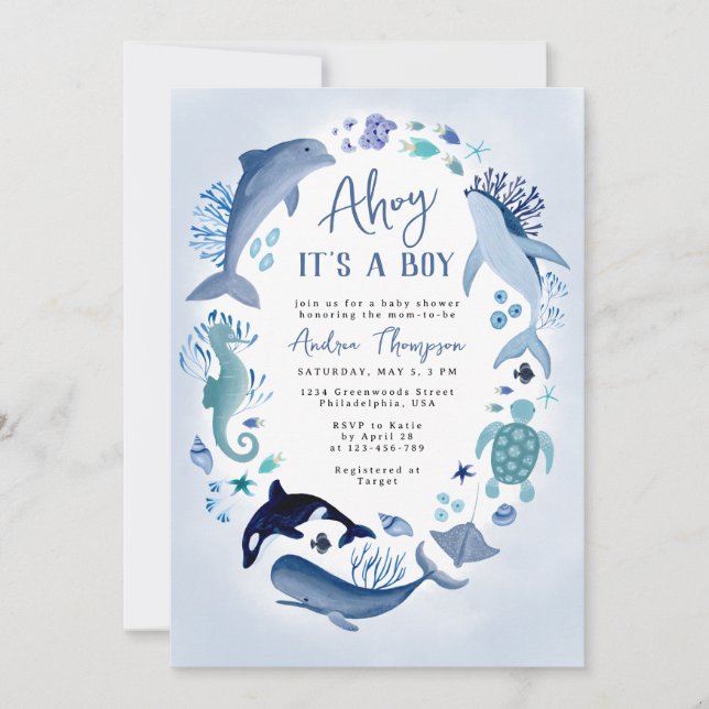 Invitación Ahoy es un niño bajo el mar azul Baby Shower (Anverso)