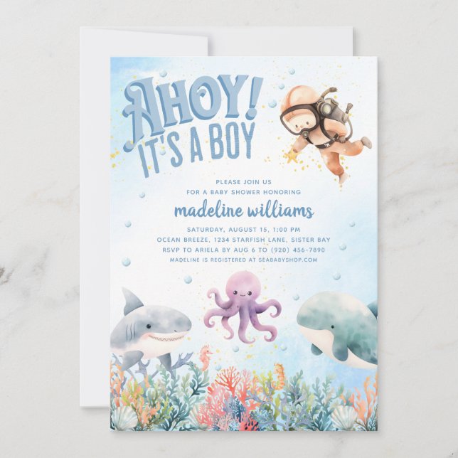 Invitación Ahoy es un niño bajo el mar Baby Shower (Anverso)