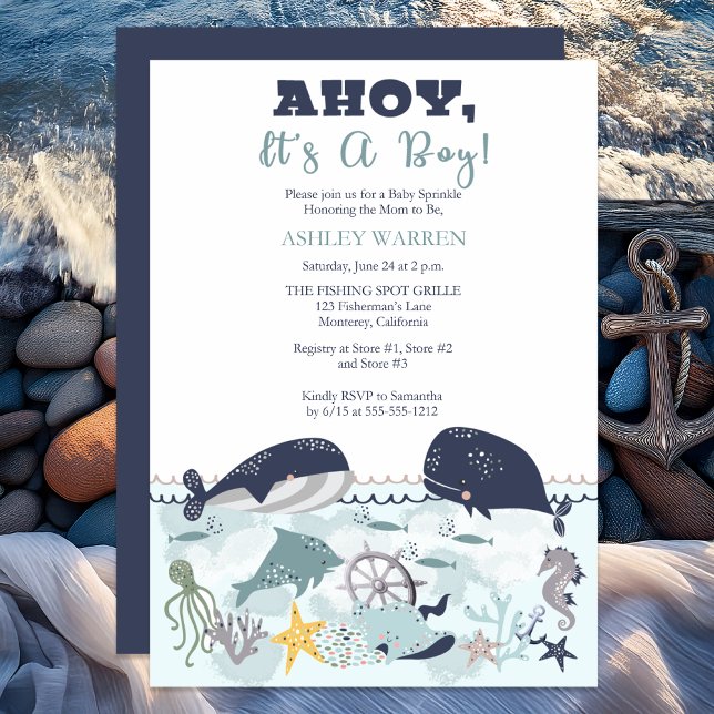 Invitación Ahoy es un niño bajo el mar, ducha de rociadores (Ahoy It's A Boy Under the Sea Baby Sprinkle Shower Invitation)