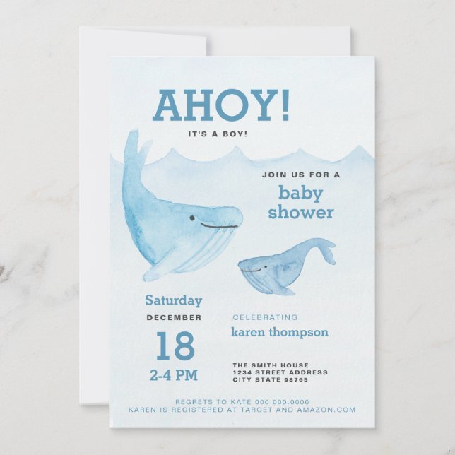 Invitación Ahoy es un niño ballena acuarela ducha bebé (Anverso)