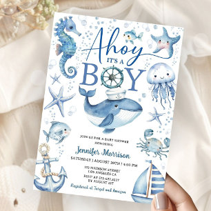 Invitación Ahoy es un Niño Baño de Bebé Náutico Mar Océano