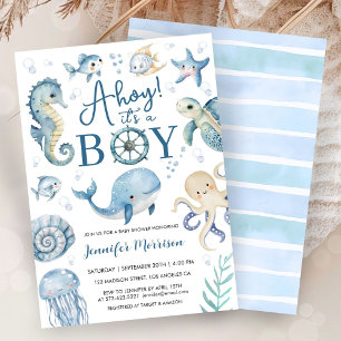 Invitación Ahoy es un niño Cumpleaños Niño Azul Náutico Marin