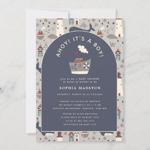 Invitación Ahoy es un niño Cumpleaños Temático Náutico Azul