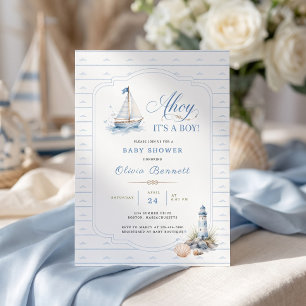 Invitación Ahoy es un niño. Ducha de bebé. Barco de vela azul