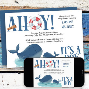 Invitación Ahoy es un niño Fiesta de Bebé de Ballena Feliz