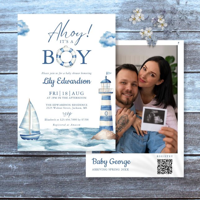 Invitación Ahoy Es Un Niño Foto Baby Shower Código QR (Subido por el creador)