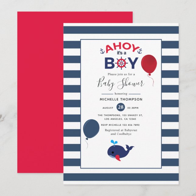 Invitación Ahoy es un niño Nautical Boy Baby Shower (Anverso / Reverso)