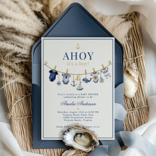 Invitación Ahoy es un niño: ropa de bebé náutica para baby sh