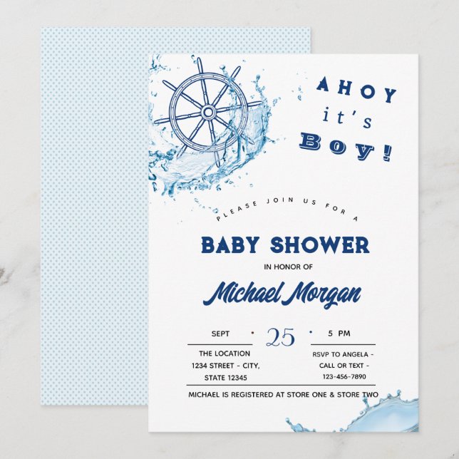 Invitación Ahoy es un niño, rueda náutica (Anverso / Reverso)