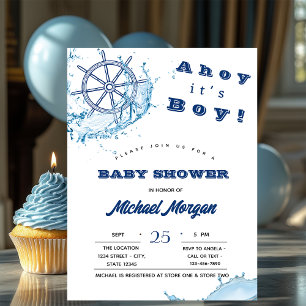 Invitación Ahoy es un niño, Rueda Náutica, Lunares Baby Showe