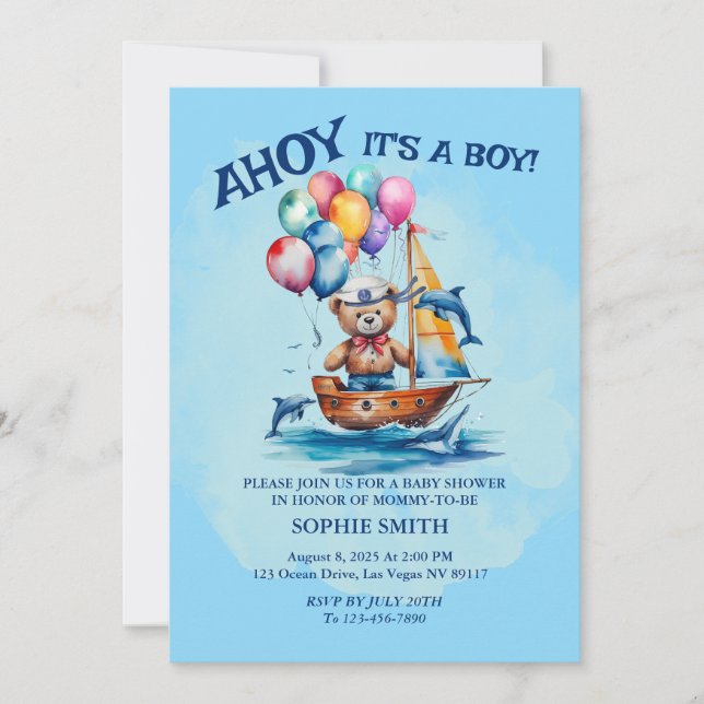 Invitación Ahoy Es Un Niño Tema Náutico Baby Shower (Anverso)