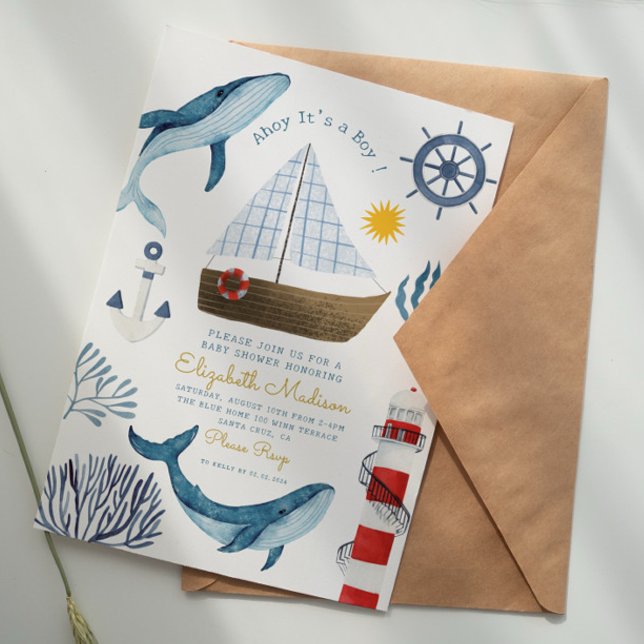 Invitación Ahoy es un niño vela Baby Shower faro de ballena (Subido por el creador)