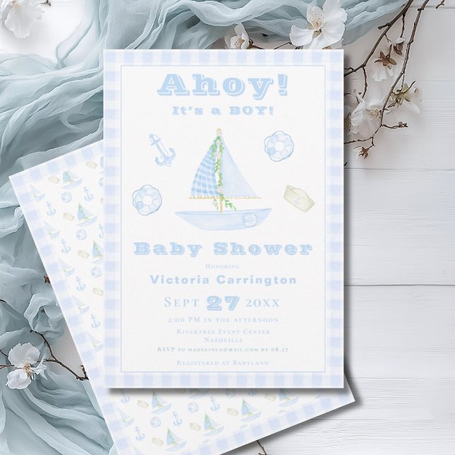 Invitación Ahoy es un pequeño Baby Shower moderno con Blue Pl (Subido por el creador)