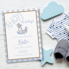 Invitación Ahoy es una ducha de bebé azul y blanco