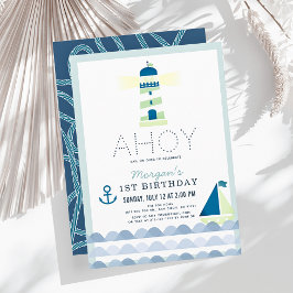 Invitación Ahoy Faro Nautical Blue Boy 1er cumpleaños