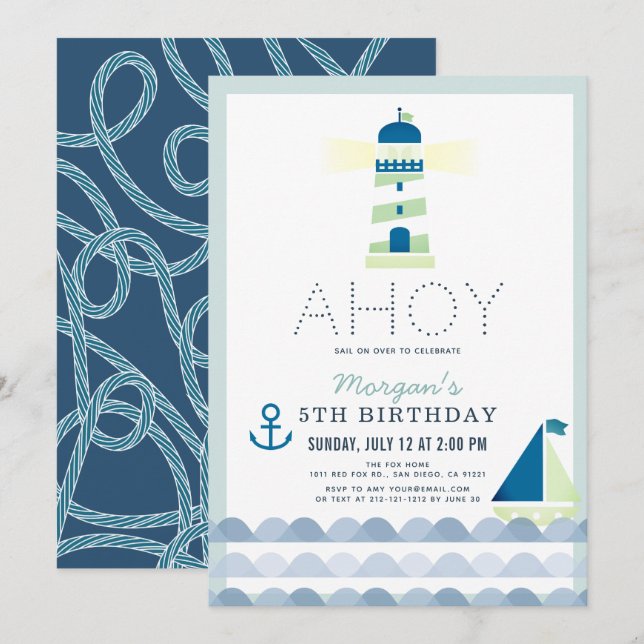 Invitación Ahoy Faro Nautical Blue Boy Cumpleaños (Anverso / Reverso)