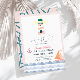 Invitación Ahoy Faro Nautical Chica Rosa 1er cumpleaños