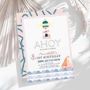Invitación Ahoy Faro Nautical Chica Rosa 1er cumpleaños